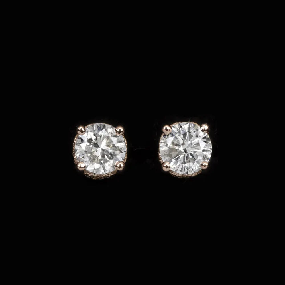 0.73ct VERY GOOD ROUND CUT DIAMOND STUD EARRINGS VINTAGE STYLE ROSE GOLD 3/4ct