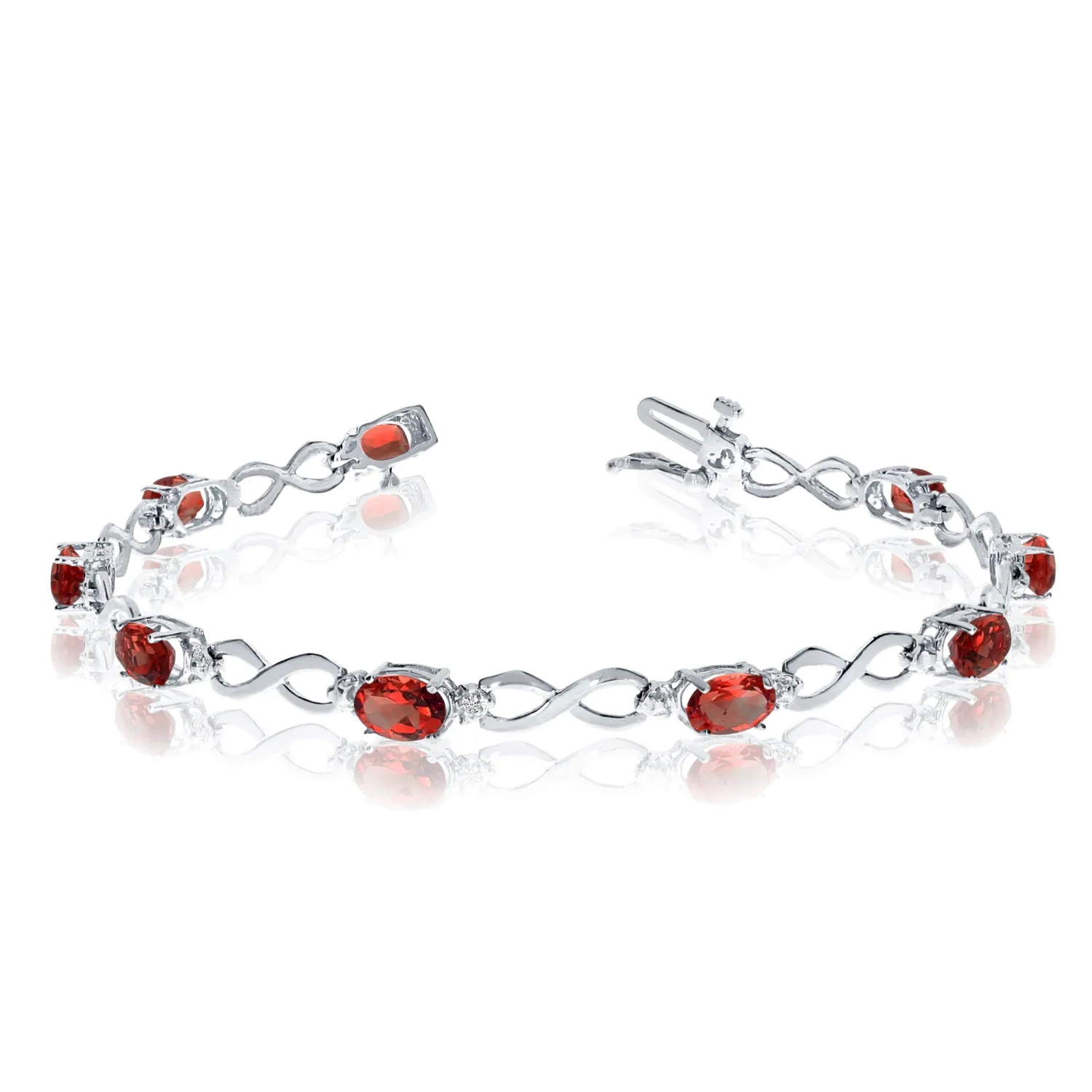 10K White Gold Oval Garnet Stones And Diamonds Infinity Tennis Bracelet, 7"