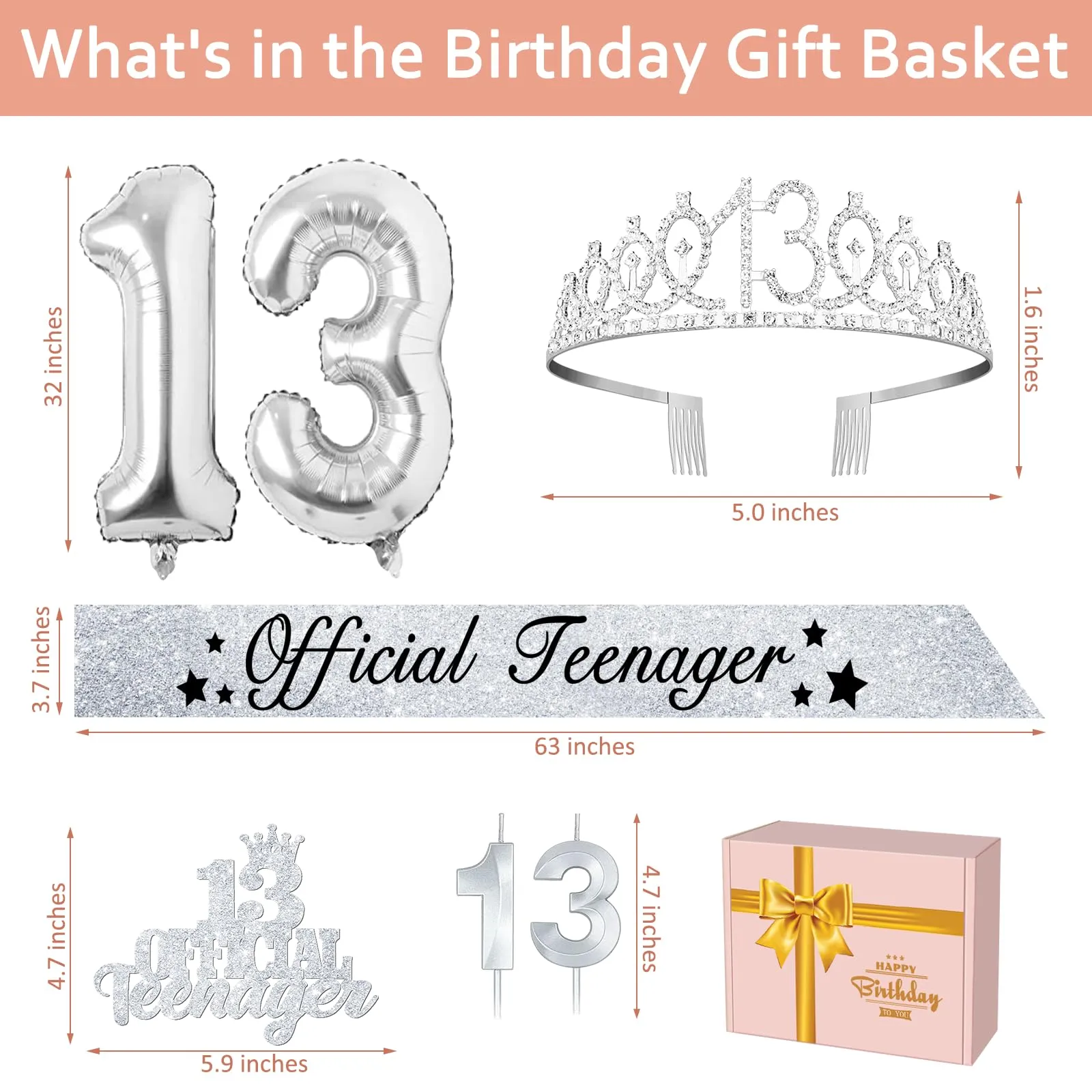 13th Birthday Decorations for Girls with Official Teenager Sash and Crown, 13th Birthday Cake Topper and Number 13 Candles, 13th Birthday Balloons, Silver Sweet 13 Birthday Gifts