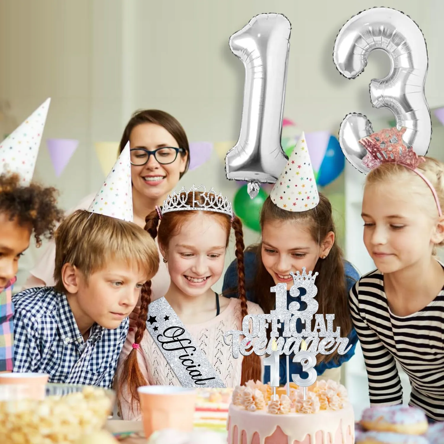 13th Birthday Decorations for Girls with Official Teenager Sash and Crown, 13th Birthday Cake Topper and Number 13 Candles, 13th Birthday Balloons, Silver Sweet 13 Birthday Gifts