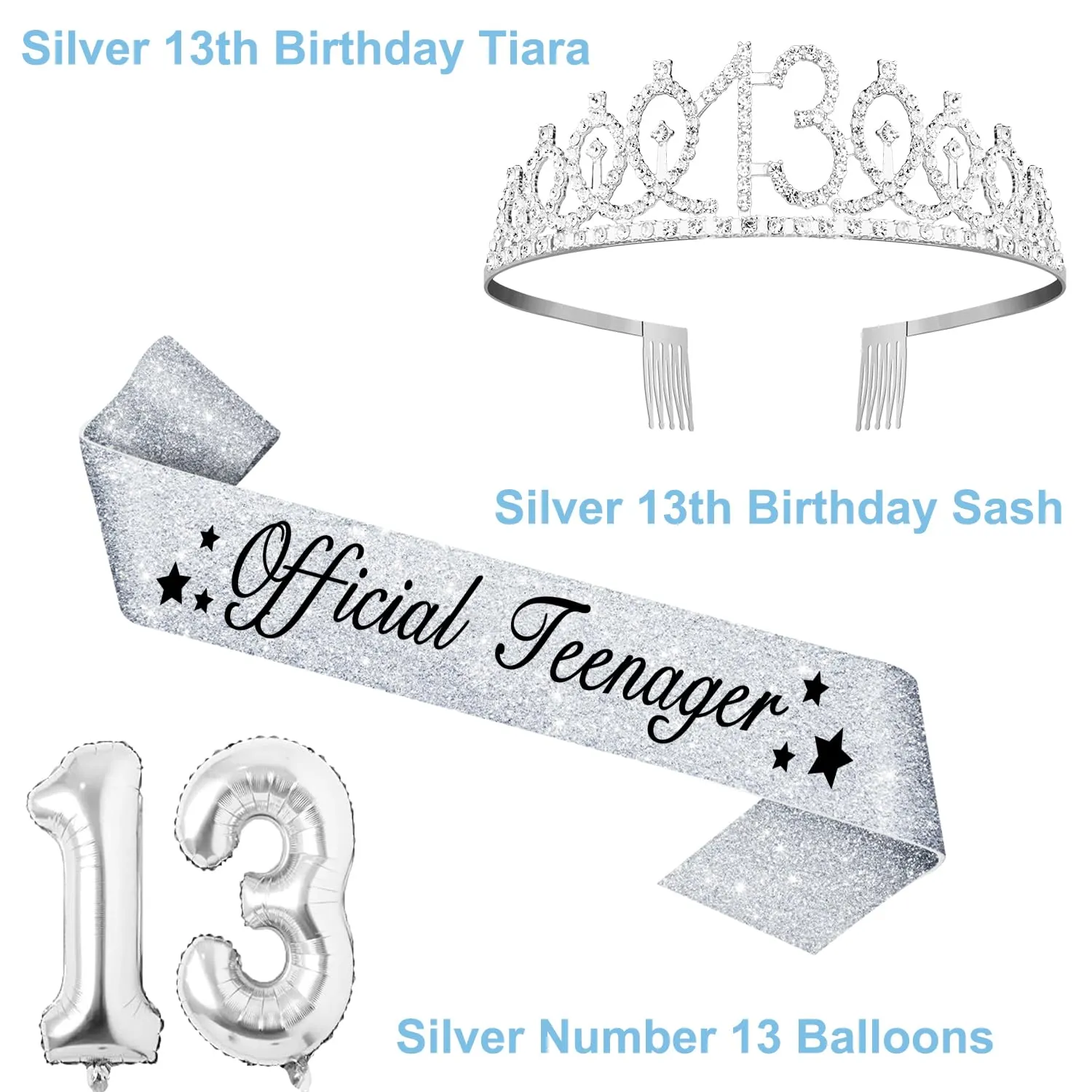 13th Birthday Decorations for Girls with Official Teenager Sash and Crown, 13th Birthday Cake Topper and Number 13 Candles, 13th Birthday Balloons, Silver Sweet 13 Birthday Gifts