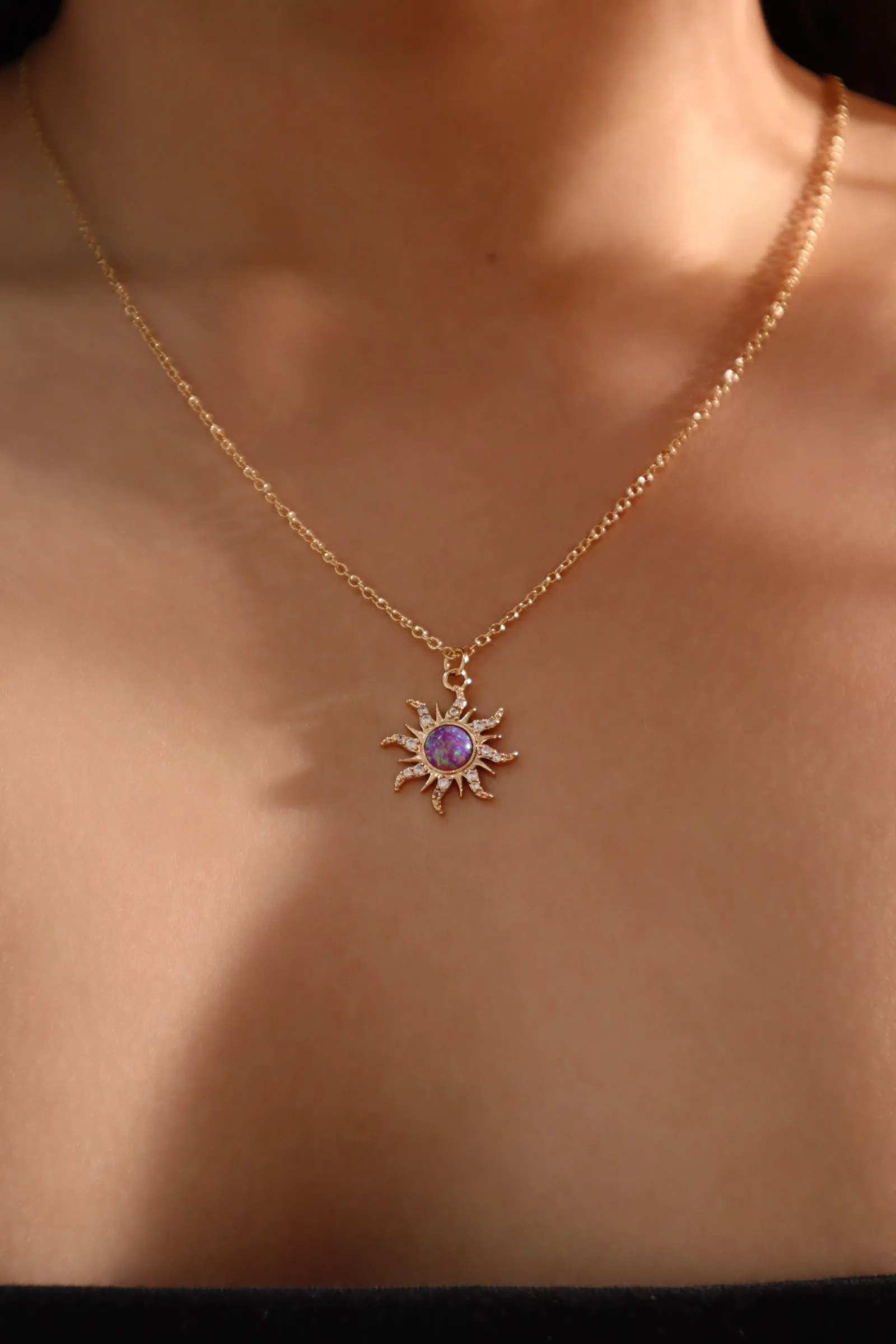 14K Real Gold Plated Purple Opal Sun Necklace