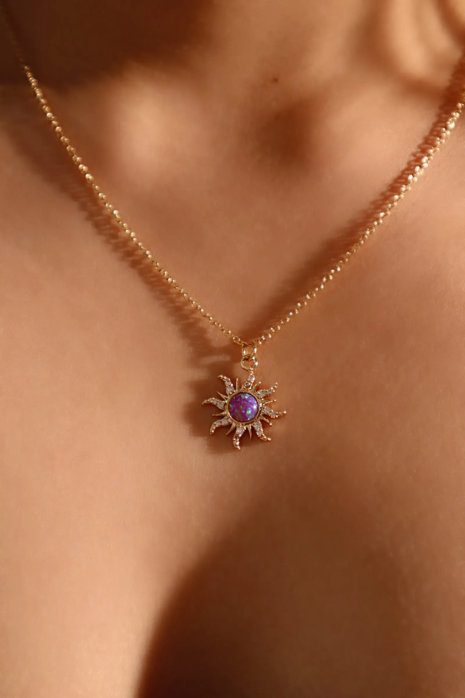 14K Real Gold Plated Purple Opal Sun Necklace