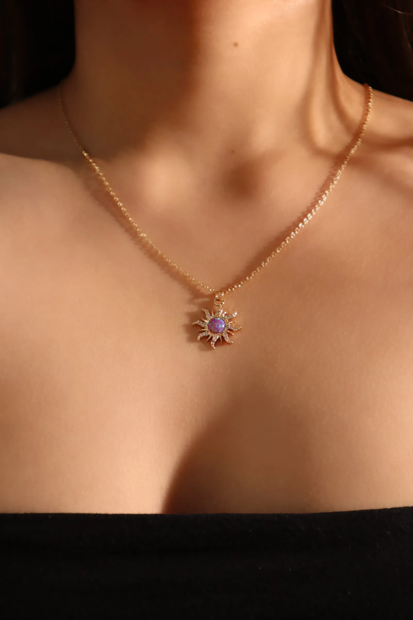 14K Real Gold Plated Purple Opal Sun Necklace