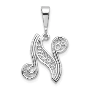 14K White GoldFancy Filigree Script Design Letter N Initial Pendant