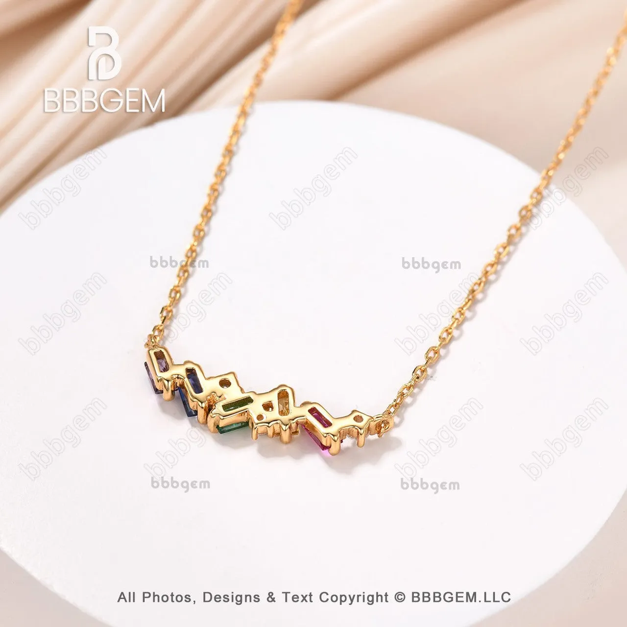 14k Yellow Gold Baguette Cut Rainbow Sapphire Citrine Amethyst Colorful  Pendant Necklace Scatter Bar Fashion Necklace