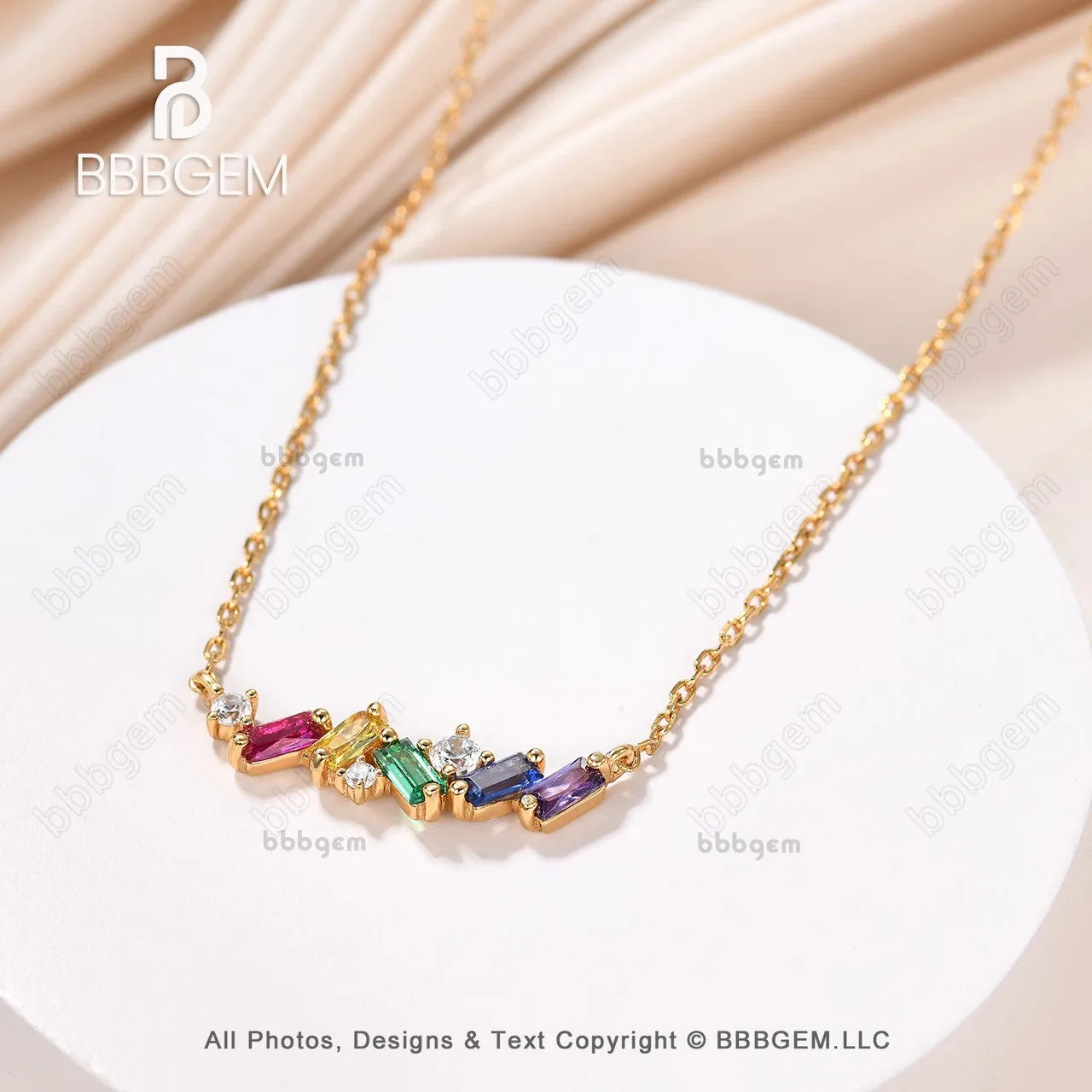 14k Yellow Gold Baguette Cut Rainbow Sapphire Citrine Amethyst Colorful  Pendant Necklace Scatter Bar Fashion Necklace