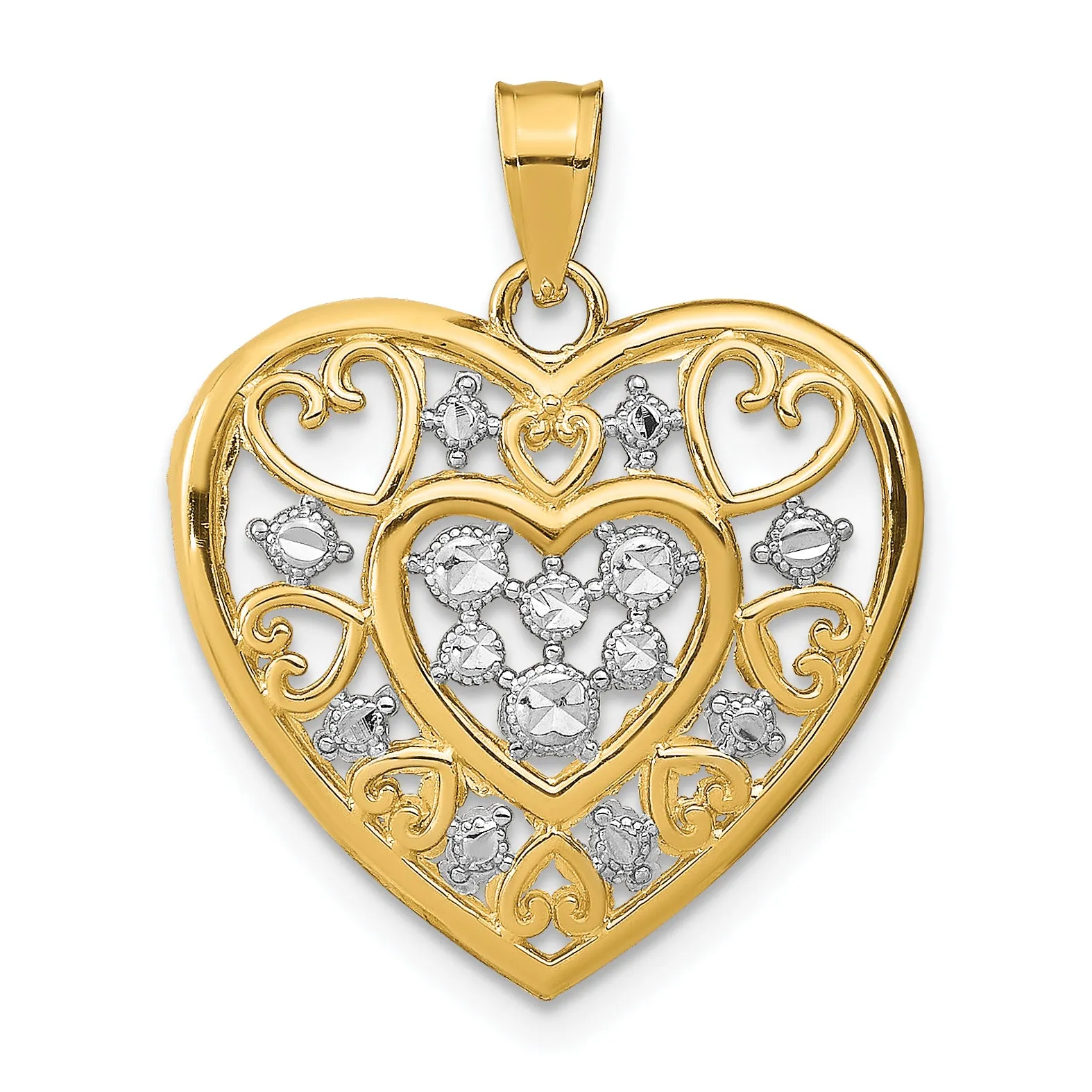 14k Yellow Gold Rhodium Cut-Out Filigree Heart Pendant