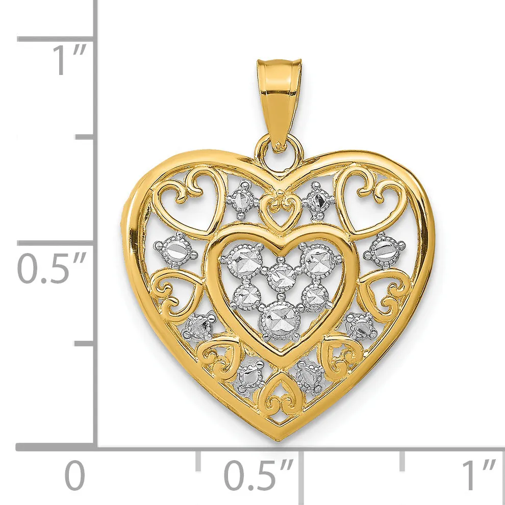 14k Yellow Gold Rhodium Cut-Out Filigree Heart Pendant