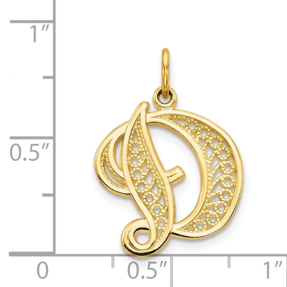 14K Yellow GoldFancy Filigree Script Design Letter D Initial Pendant