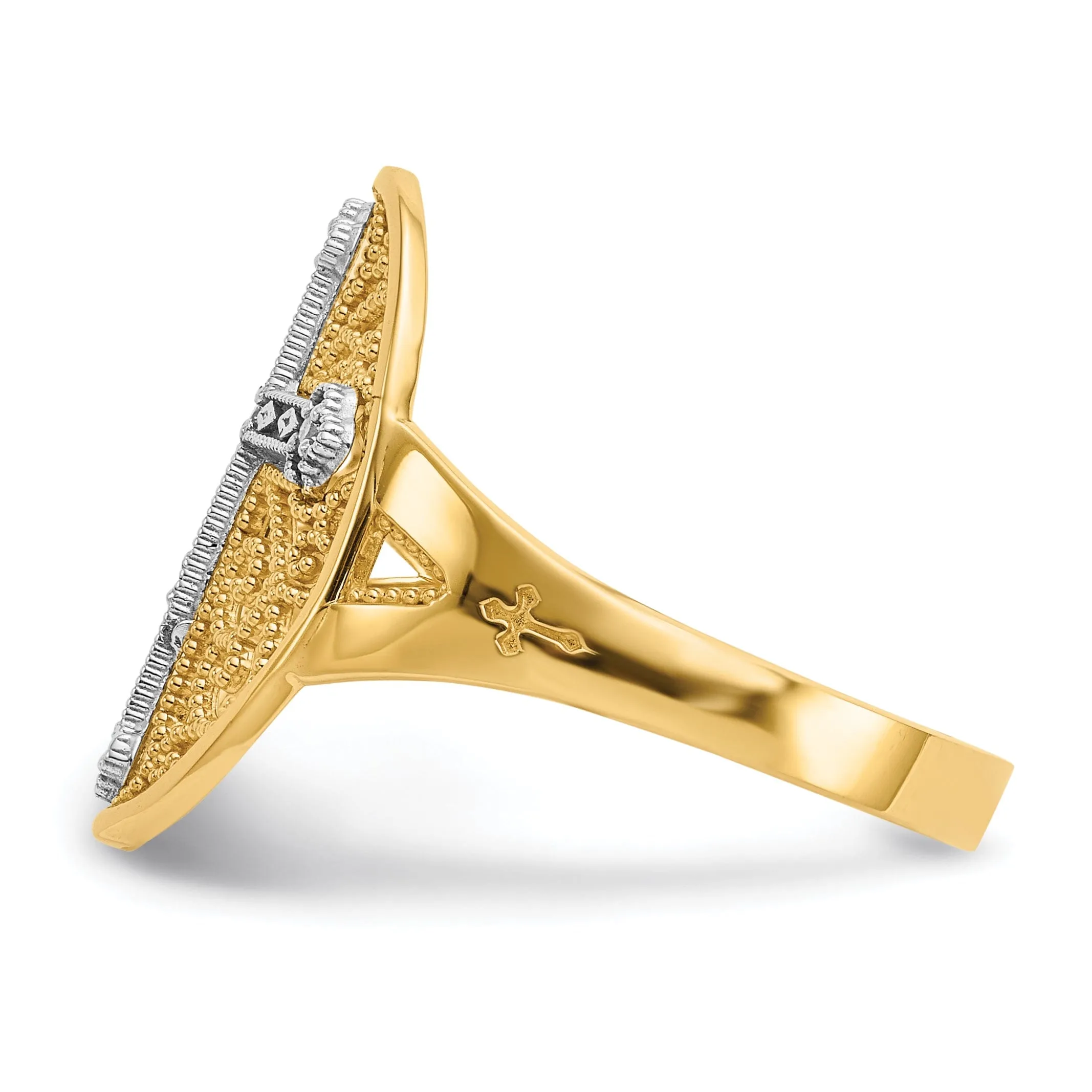 14kt yellow white gold filigree cross ring