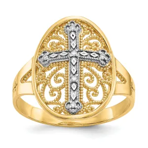 14kt yellow white gold filigree cross ring