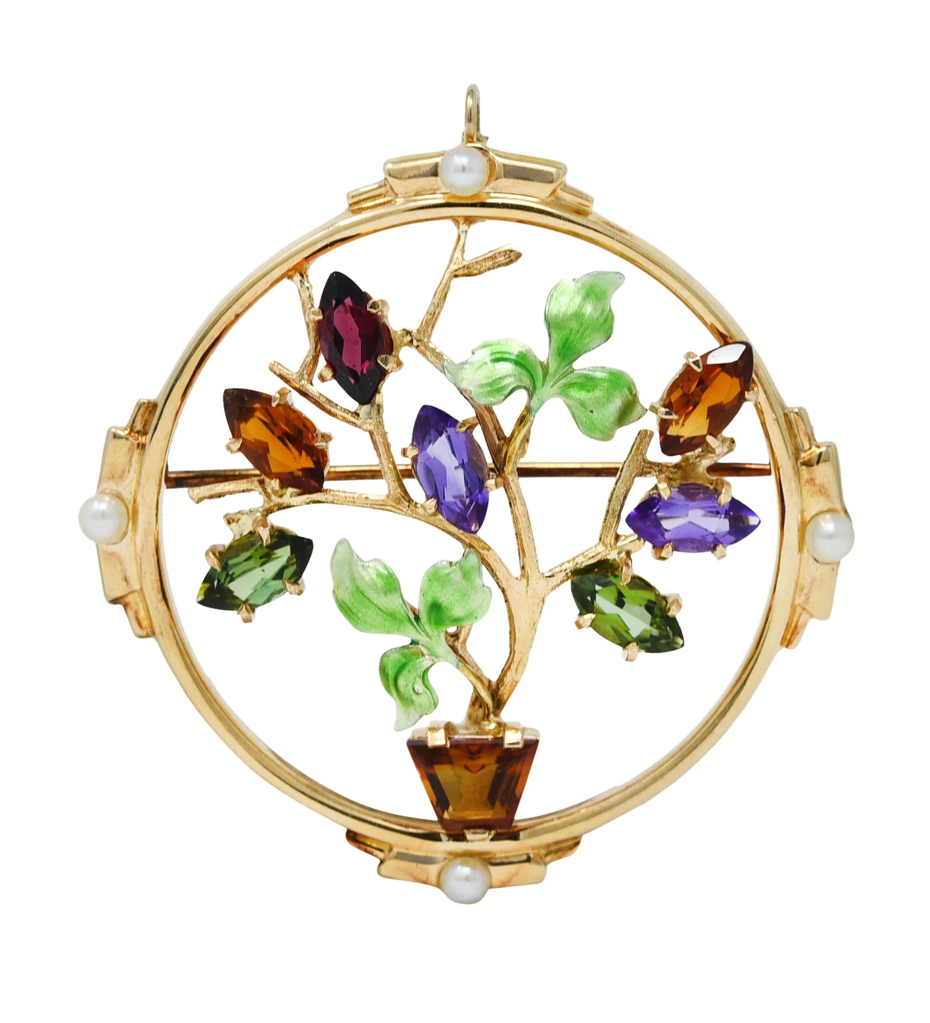 1930's Krementz Enamel Multi-Gem 14 Karat Gold Bouquet Pendant Brooch Necklace