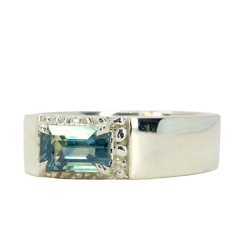 2.05ct Parti Teal Emerald Cut Sapphire Ravine Band Unisex in 14k Green Gold