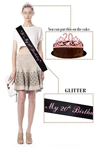 20th Birthday Gifts for Girls, 20th Birthday Tiara and Sash Pink, HAPPY 20th Birthday