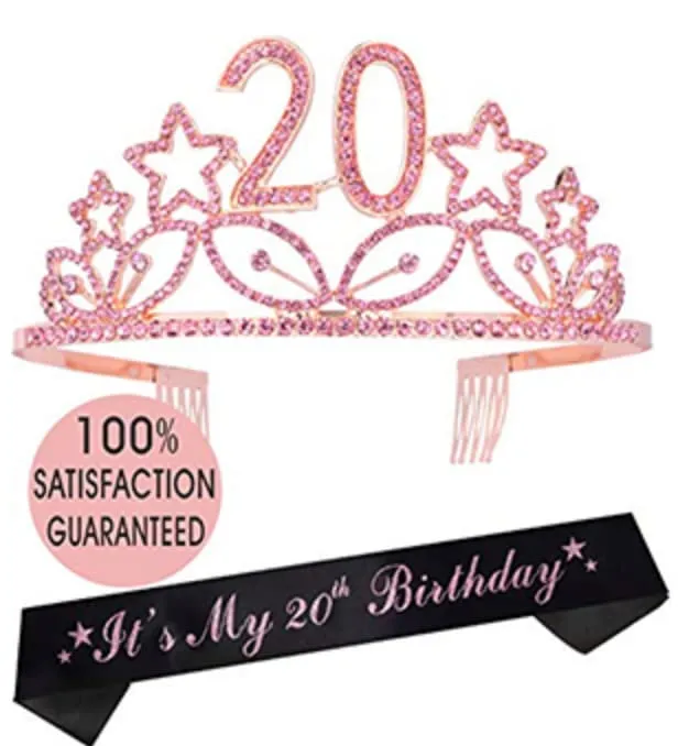 20th Birthday Gifts for Girls, 20th Birthday Tiara and Sash Pink, HAPPY 20th Birthday