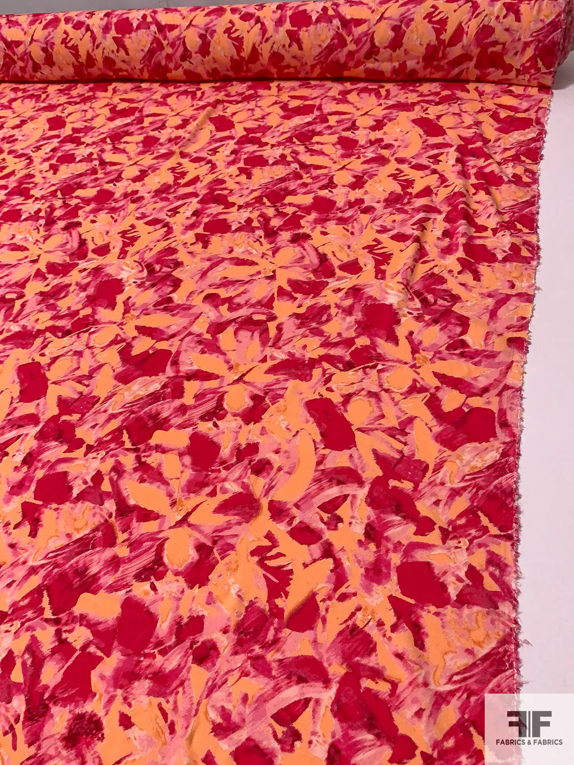 Abstract Painterly Printed Rayon Crepe - Berry Pink / Pink / Peachy Coral