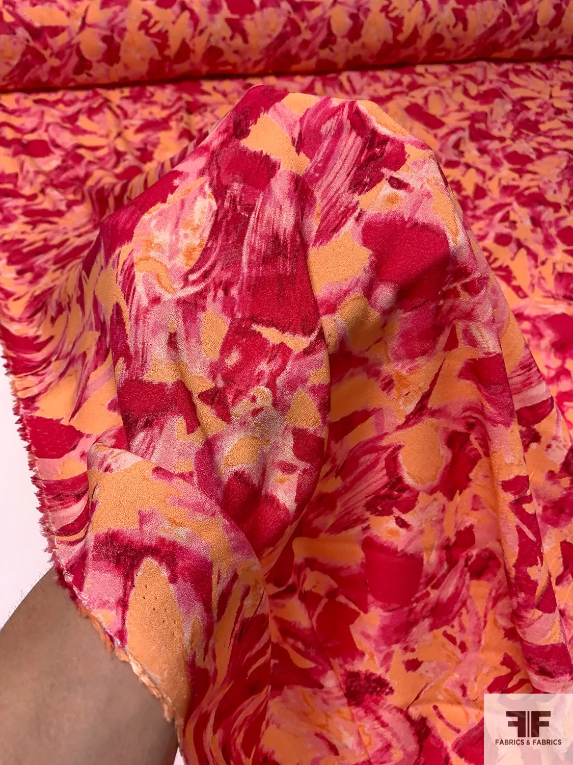 Abstract Painterly Printed Rayon Crepe - Berry Pink / Pink / Peachy Coral