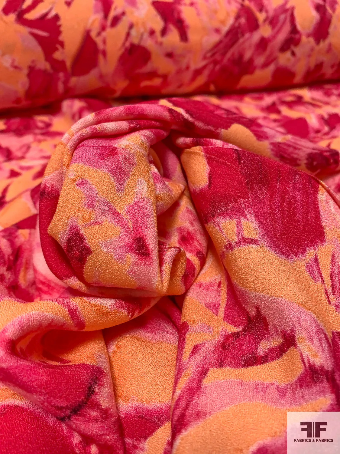 Abstract Painterly Printed Rayon Crepe - Berry Pink / Pink / Peachy Coral