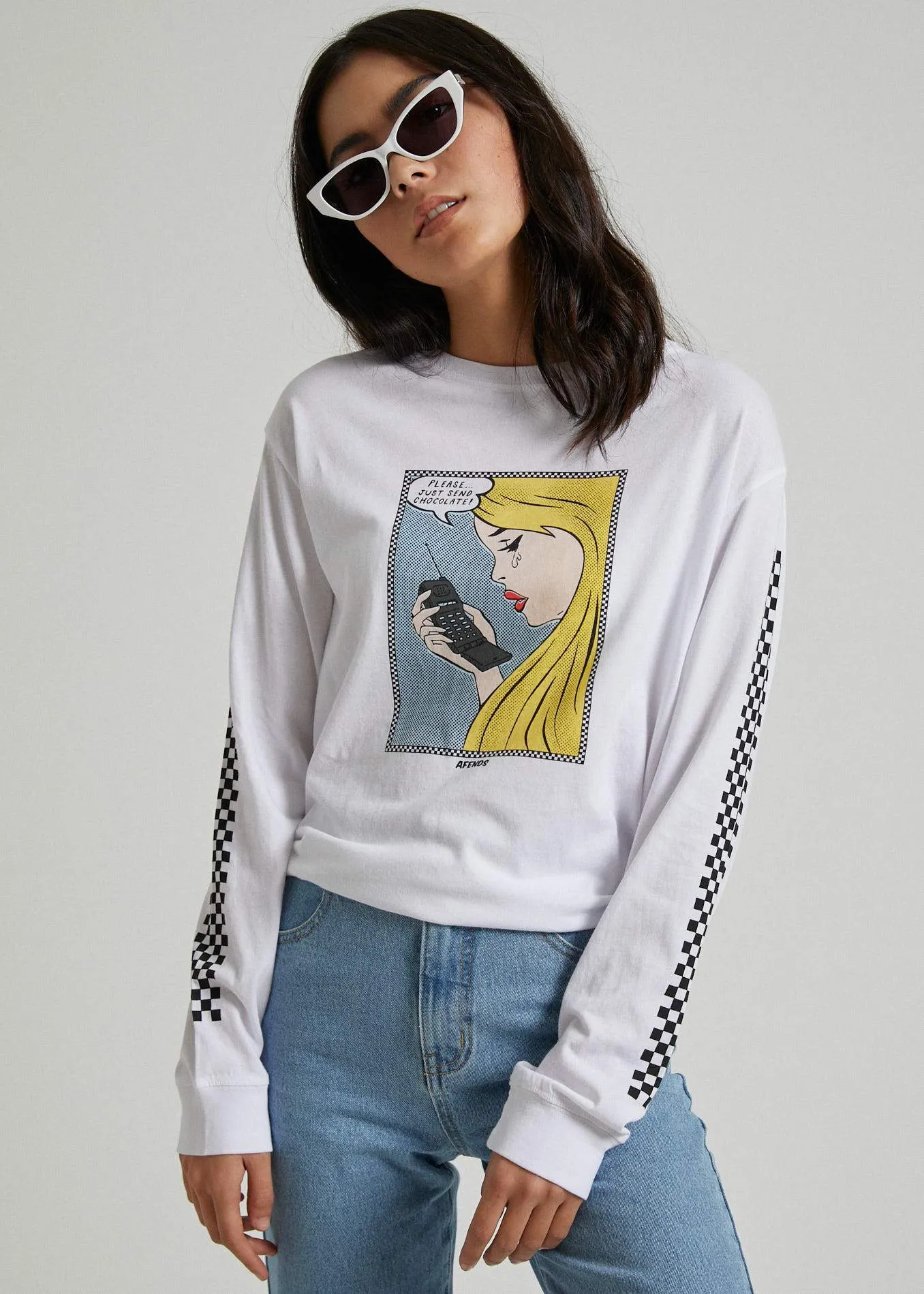 Afends Womens Send Chocolate - Long Sleeve Boyfriend Tee - White