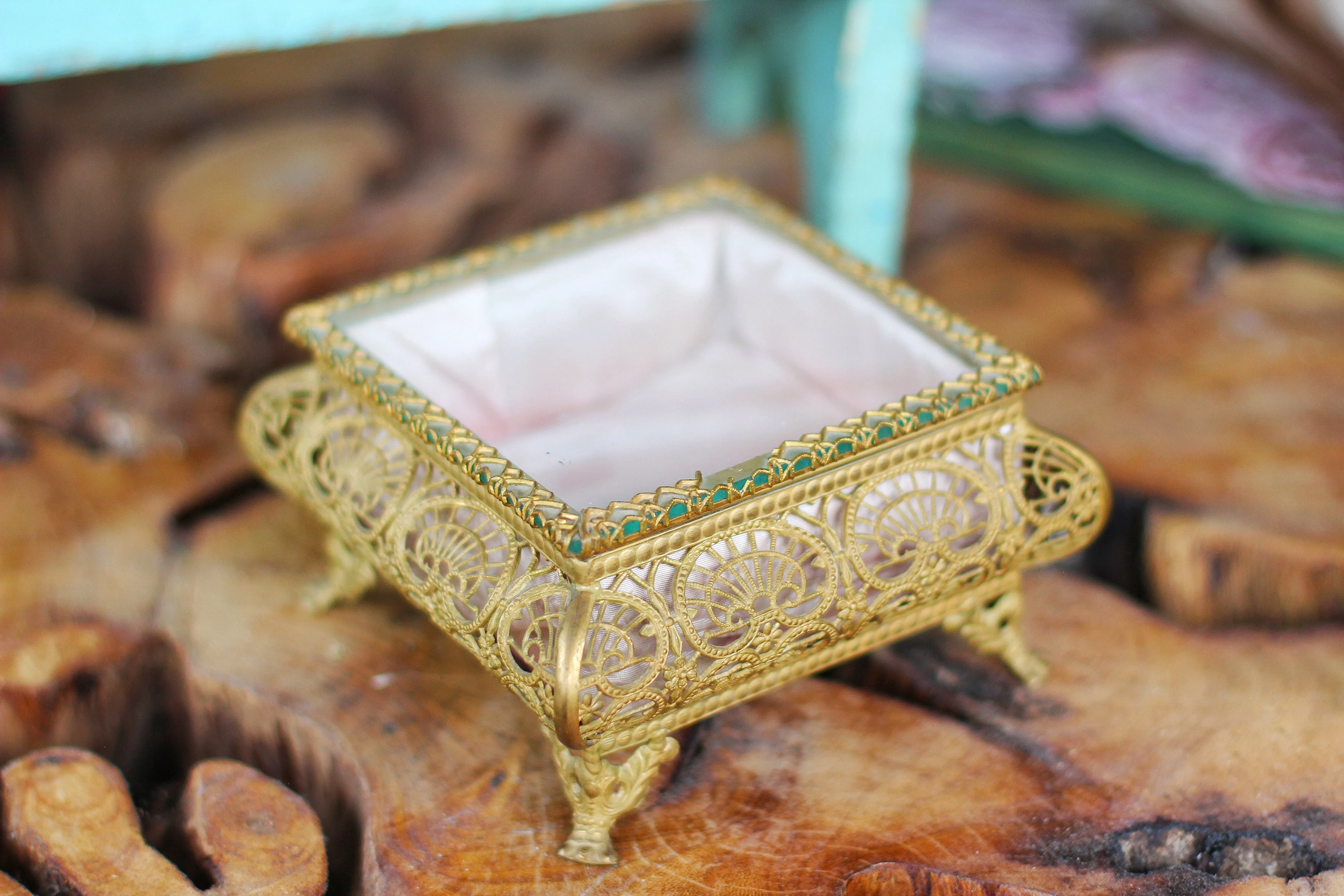 Antique French Filigree Pink Satin Jewelry Box