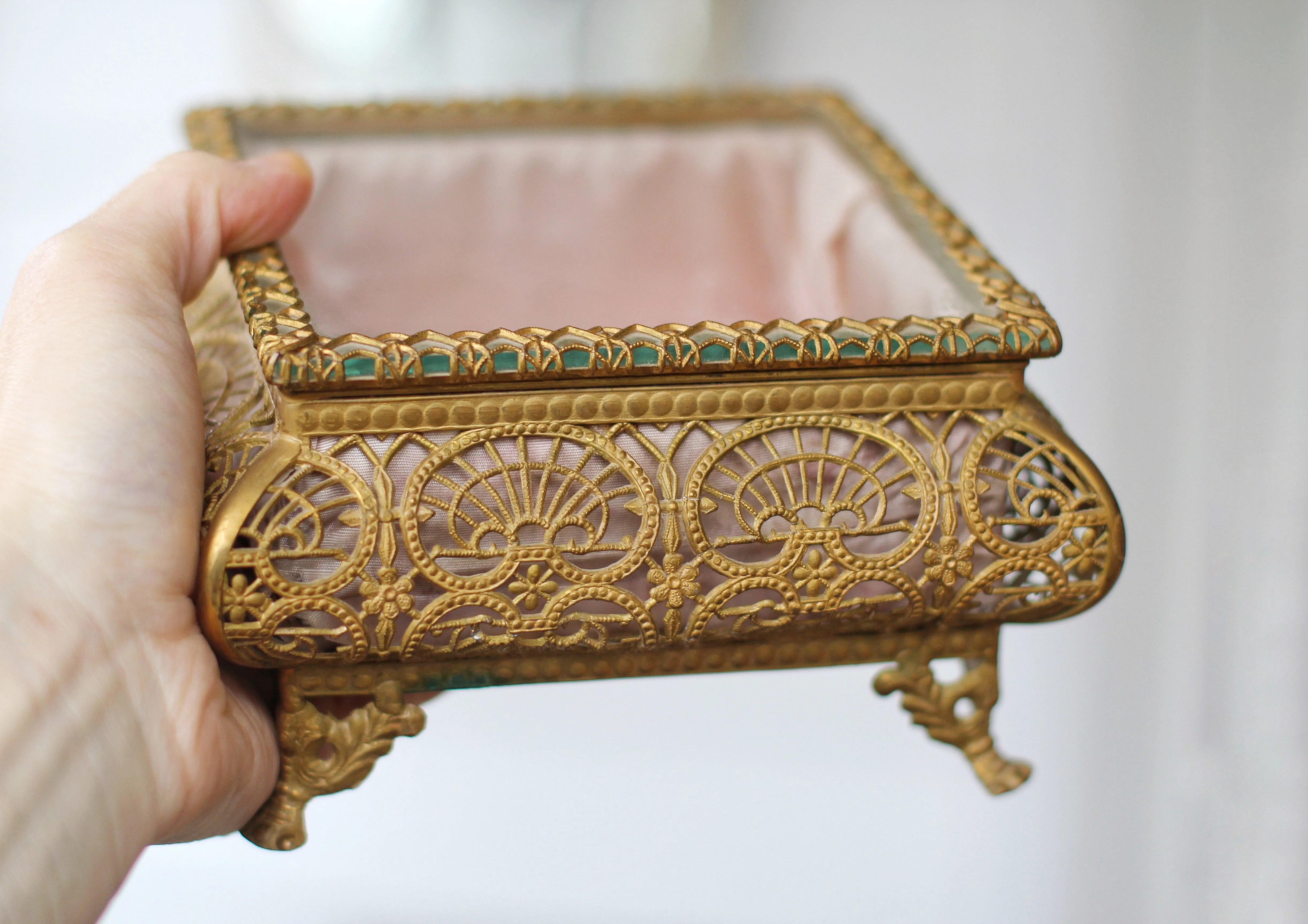 Antique French Filigree Pink Satin Jewelry Box