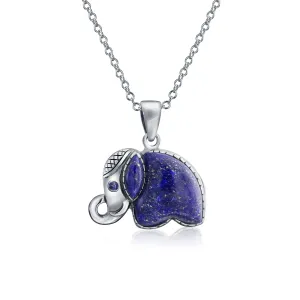 Bali Tribal Longevity Blue Lapis Lazuli Elephant Pendant Necklace in Silver