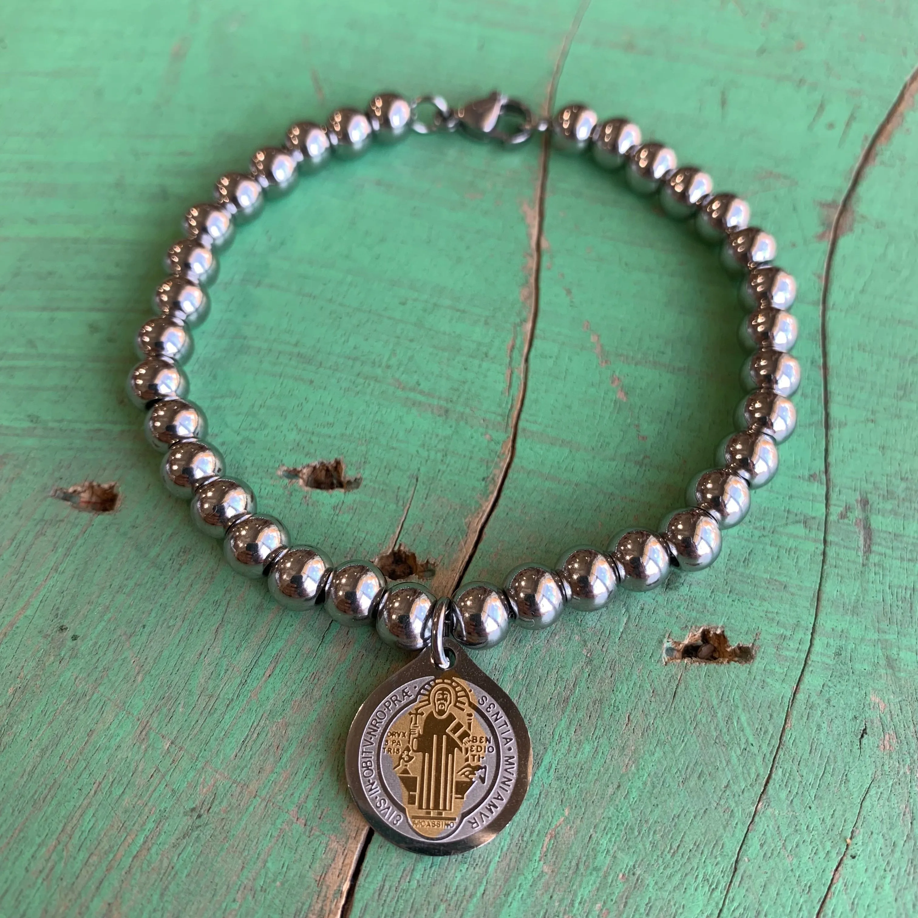 Beaded Stainless Steel St Benedict Bracelet