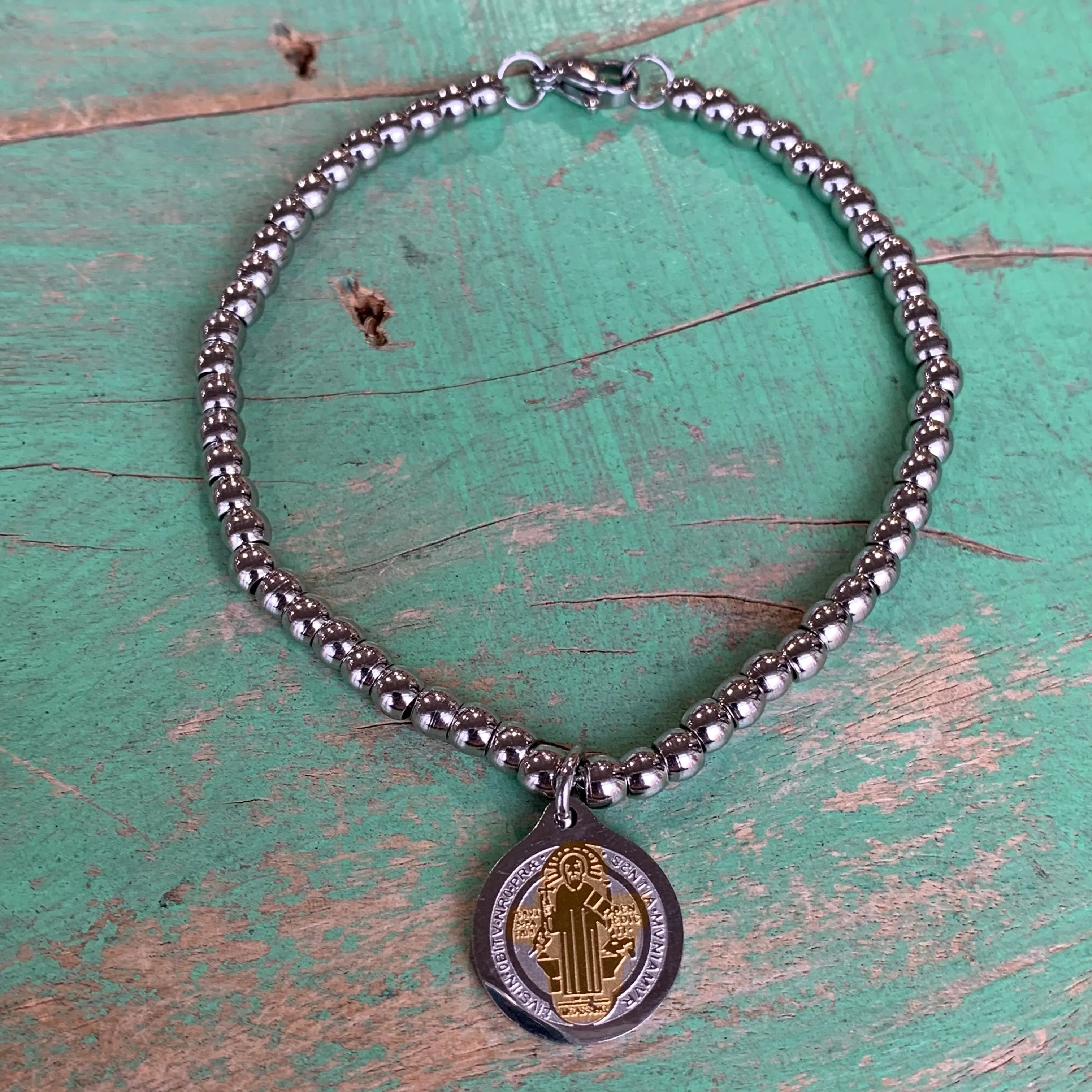 Beaded Stainless Steel St Benedict Bracelet