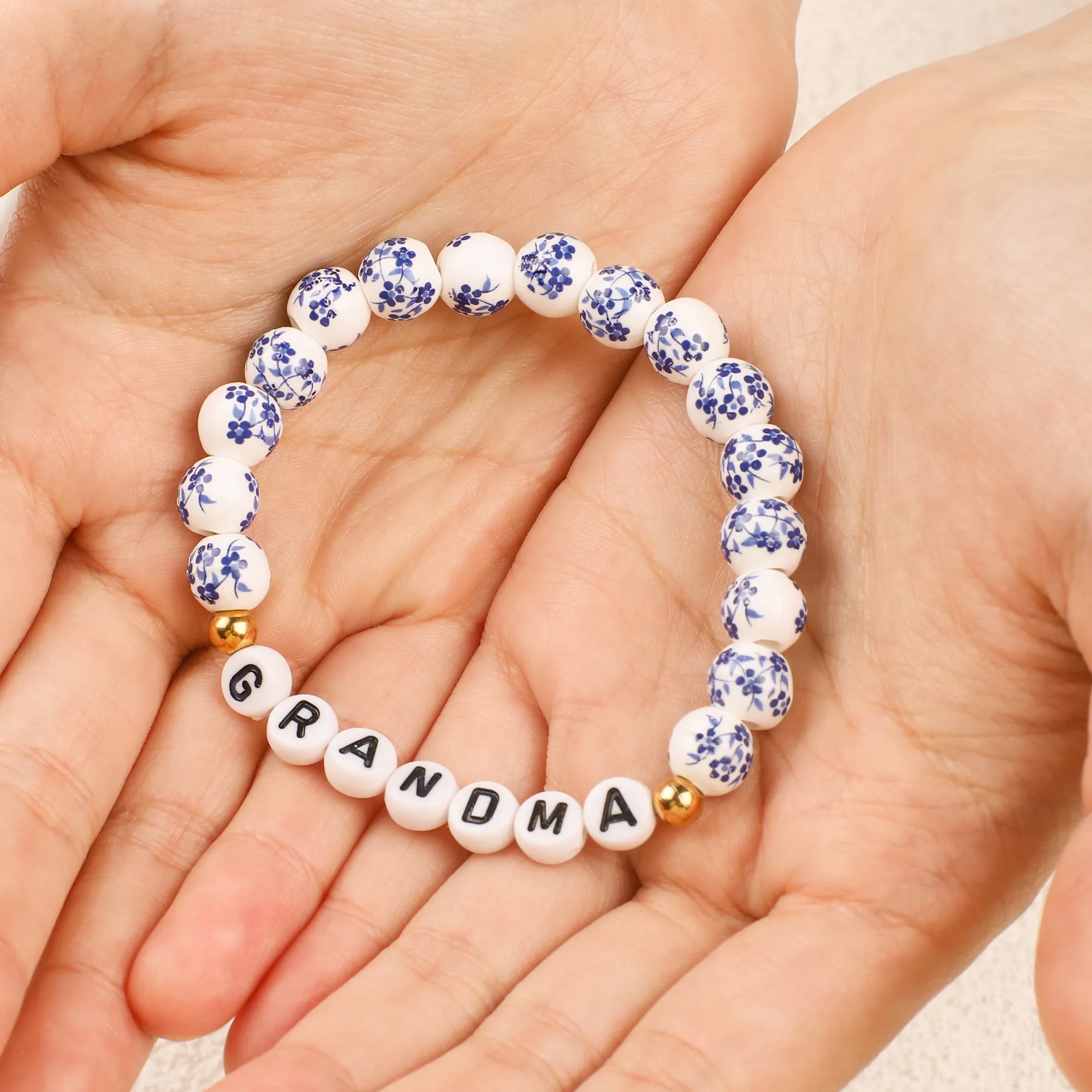 Blue Porcelain Floral Beaded Bracelet for Mom & Grandma