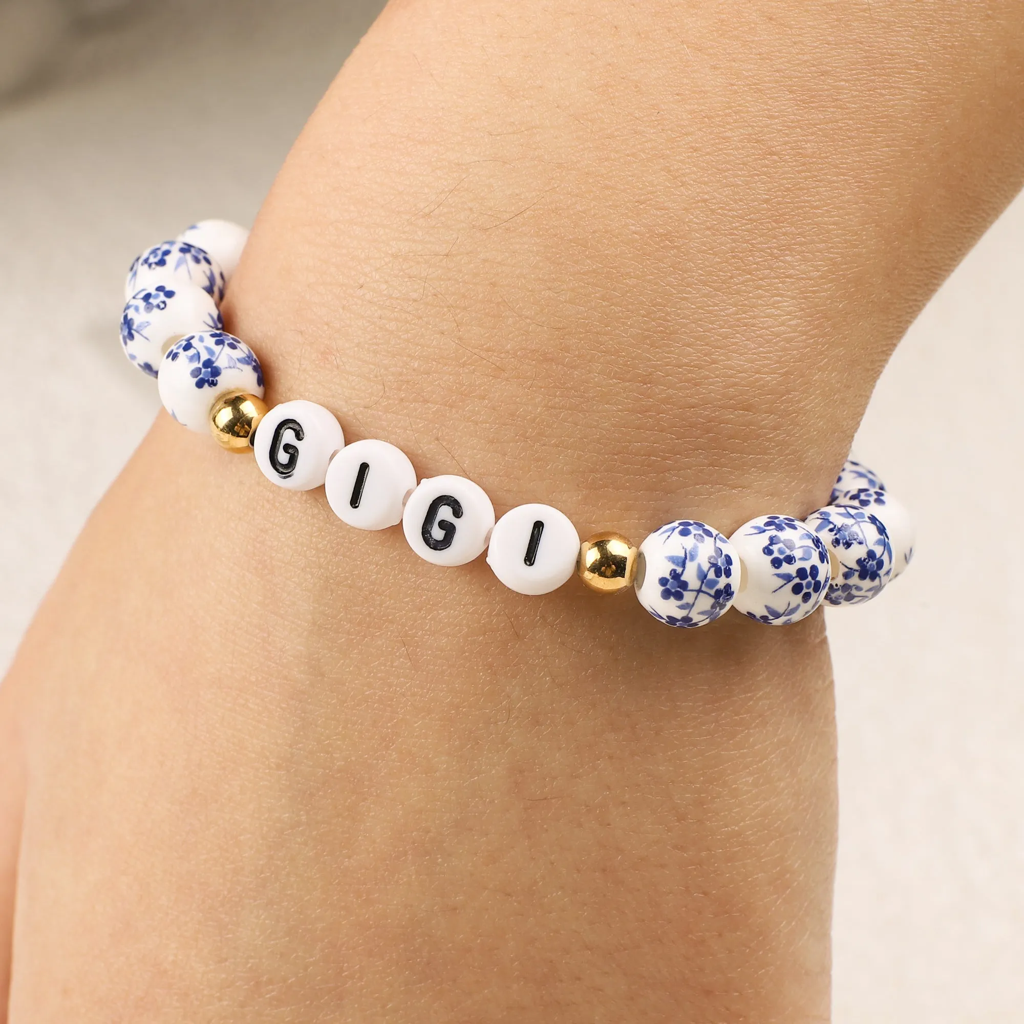 Blue Porcelain Floral Beaded Bracelet for Mom & Grandma