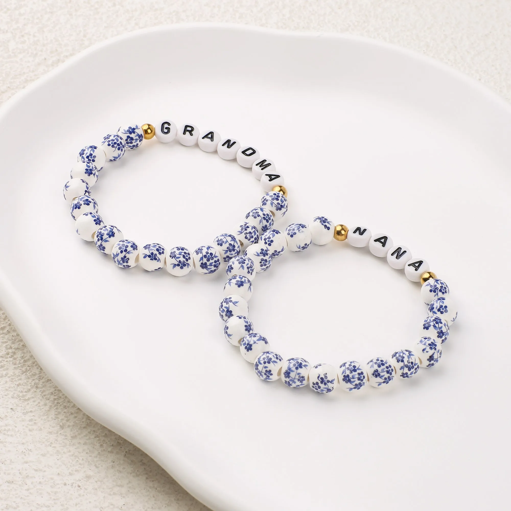 Blue Porcelain Floral Beaded Bracelet for Mom & Grandma