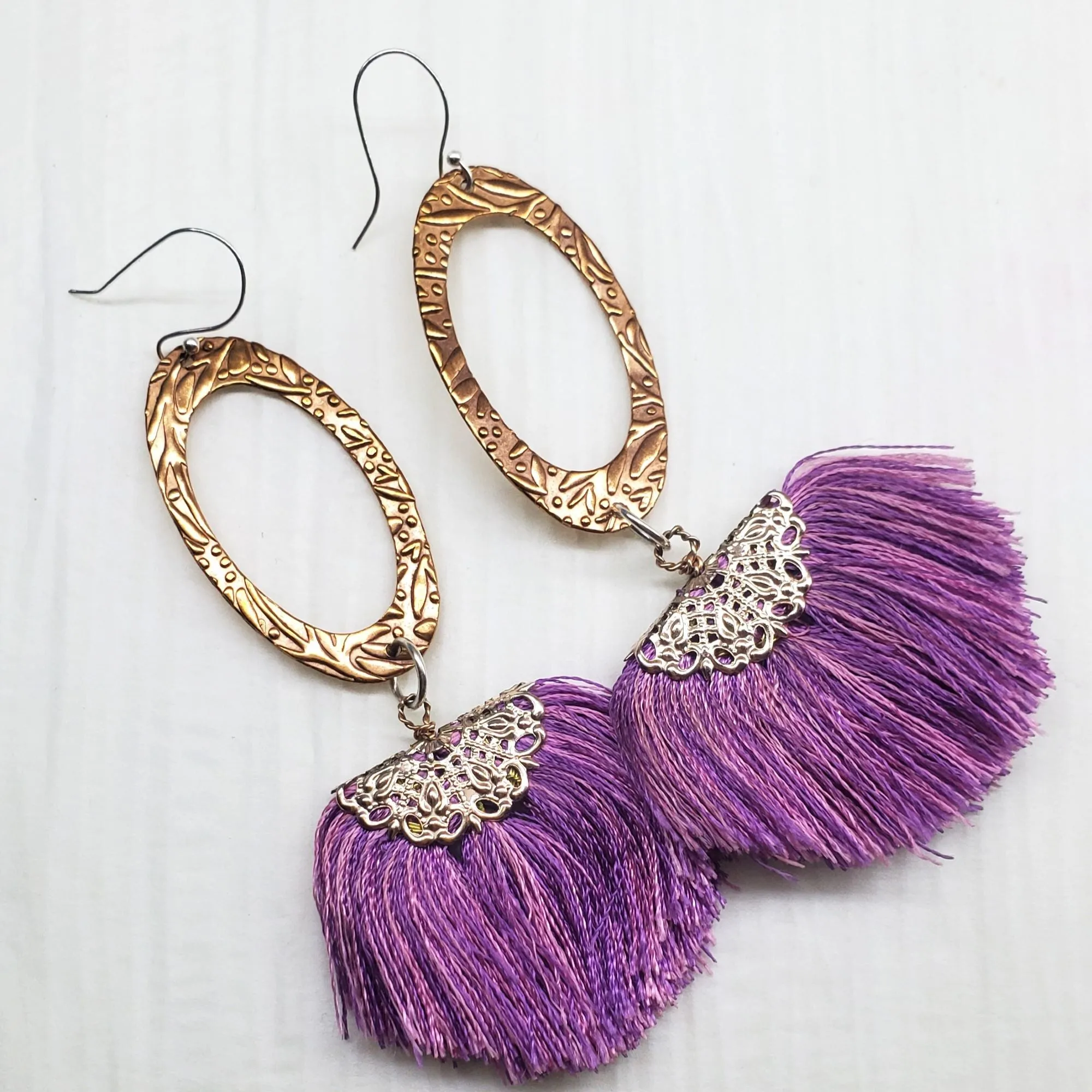 Copper Embossed Rose Gold Filled  Filigree Silk Fan Tassel Earrings