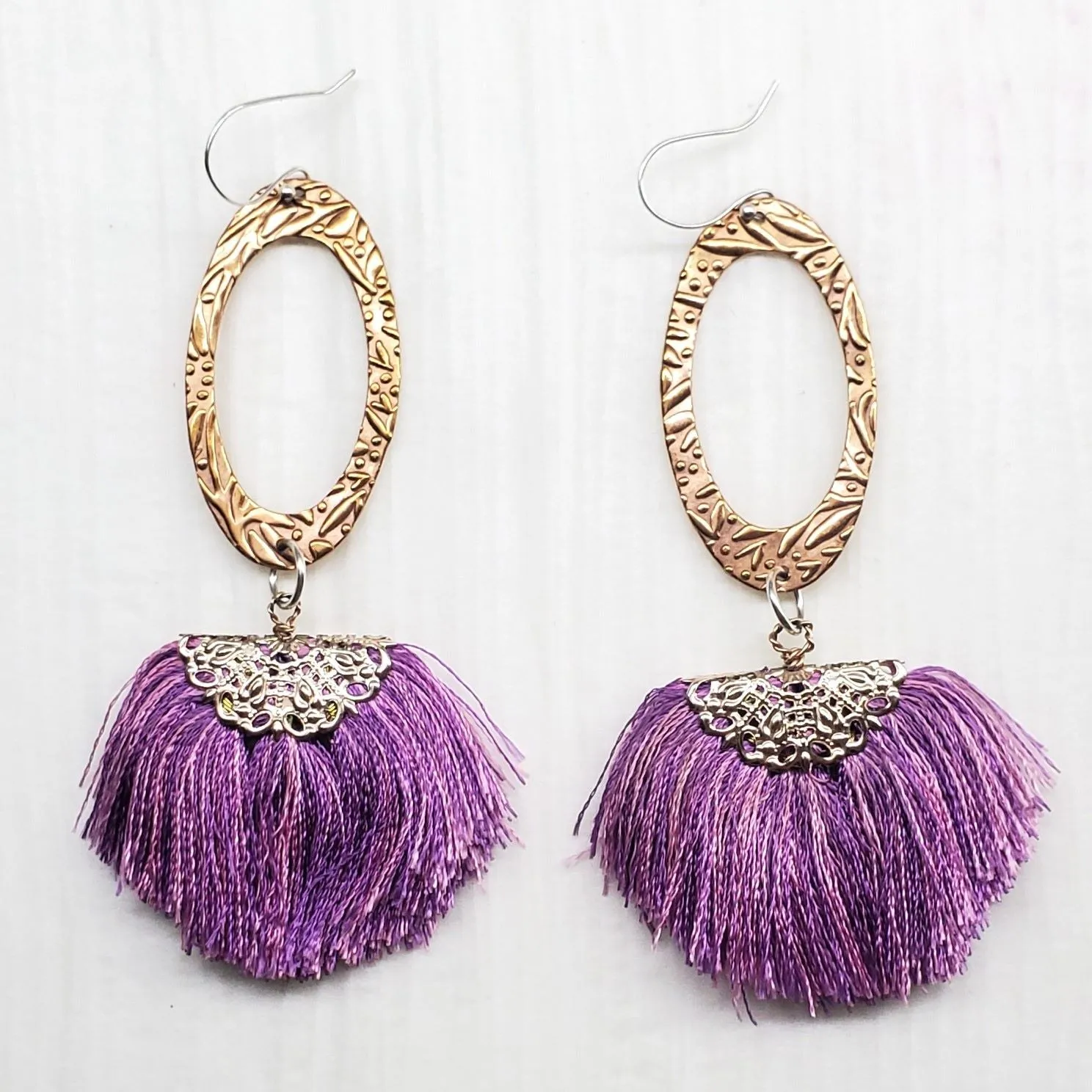 Copper Embossed Rose Gold Filled  Filigree Silk Fan Tassel Earrings