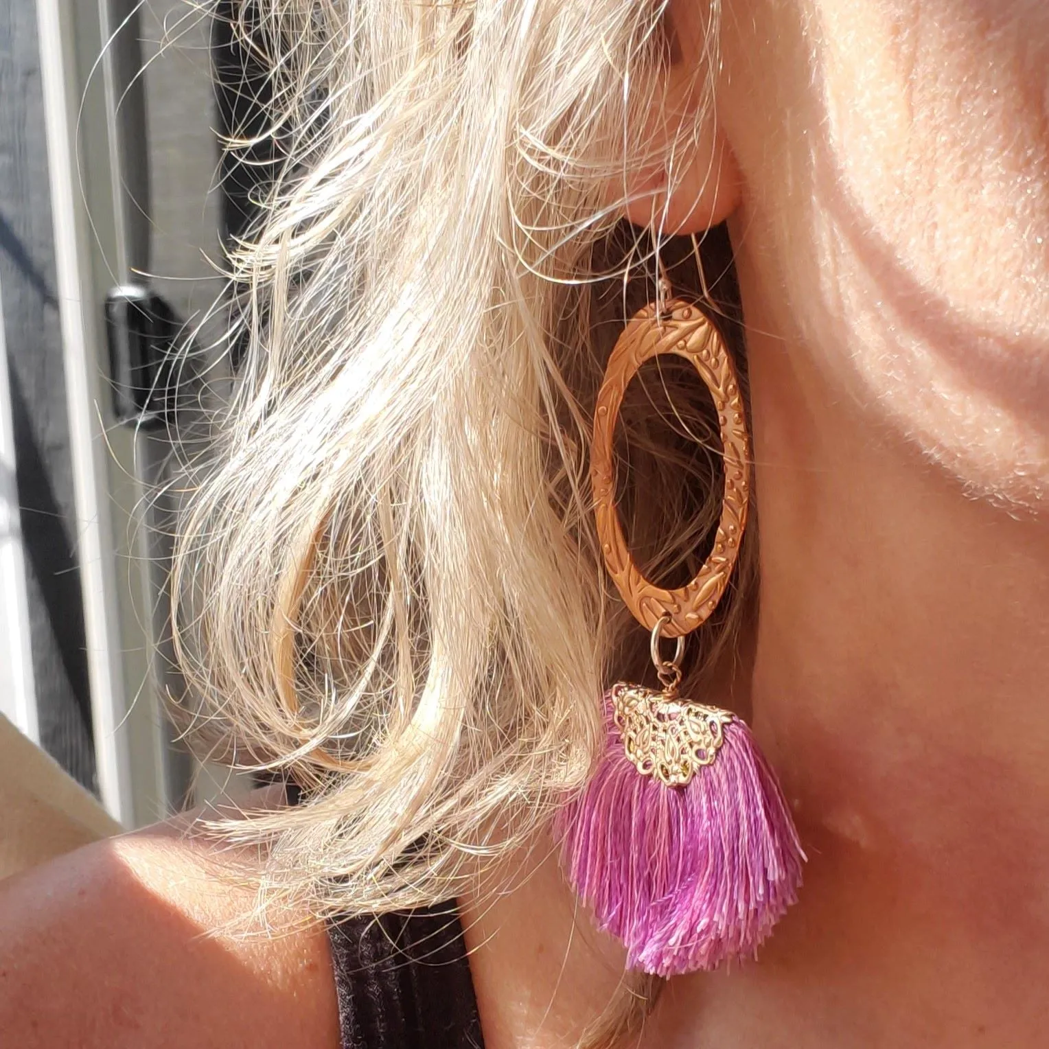 Copper Embossed Rose Gold Filled  Filigree Silk Fan Tassel Earrings