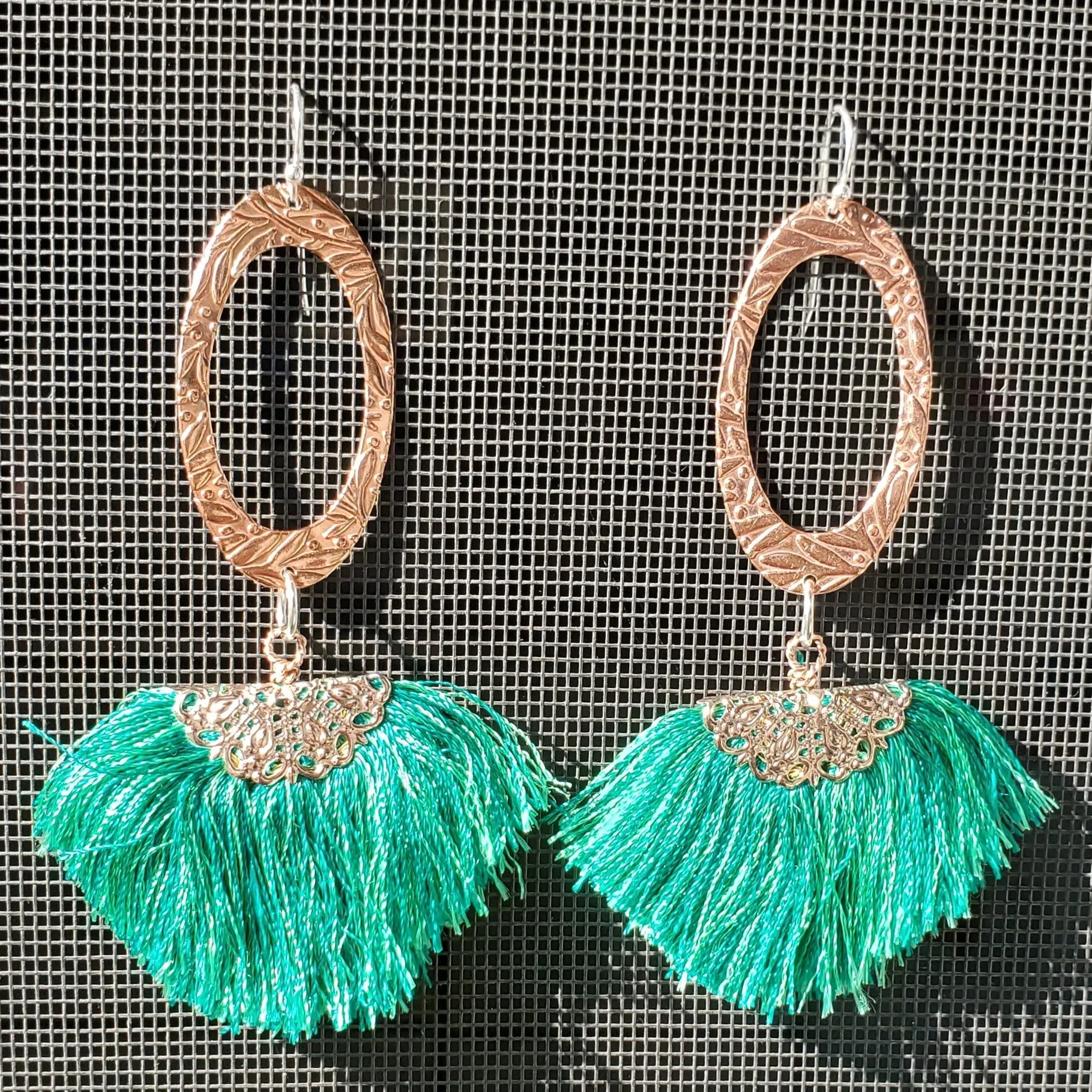 Copper Embossed Rose Gold Filled  Filigree Silk Fan Tassel Earrings