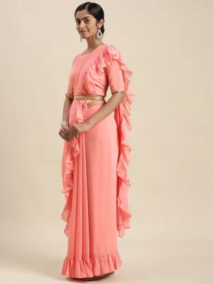 Coral Pink Sold Ruffled Saree