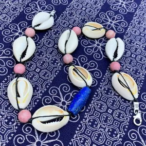 Cowrie Shell, Lapis Lazuli and Thulite Choker Necklace With Sterling Silver Trigger Clasp