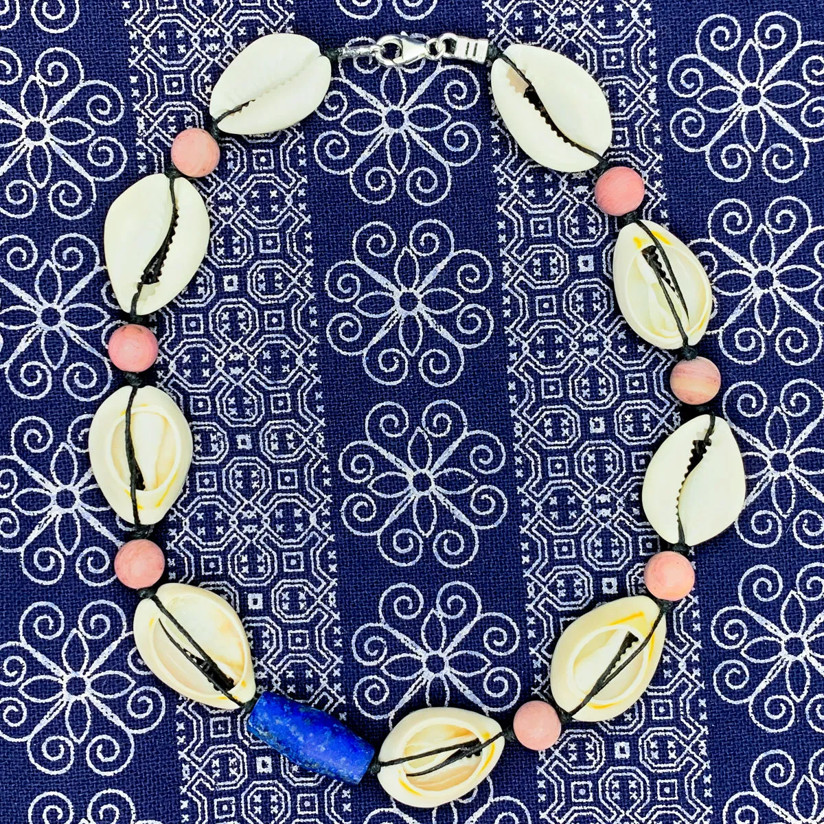 Cowrie Shell, Lapis Lazuli and Thulite Choker Necklace With Sterling Silver Trigger Clasp