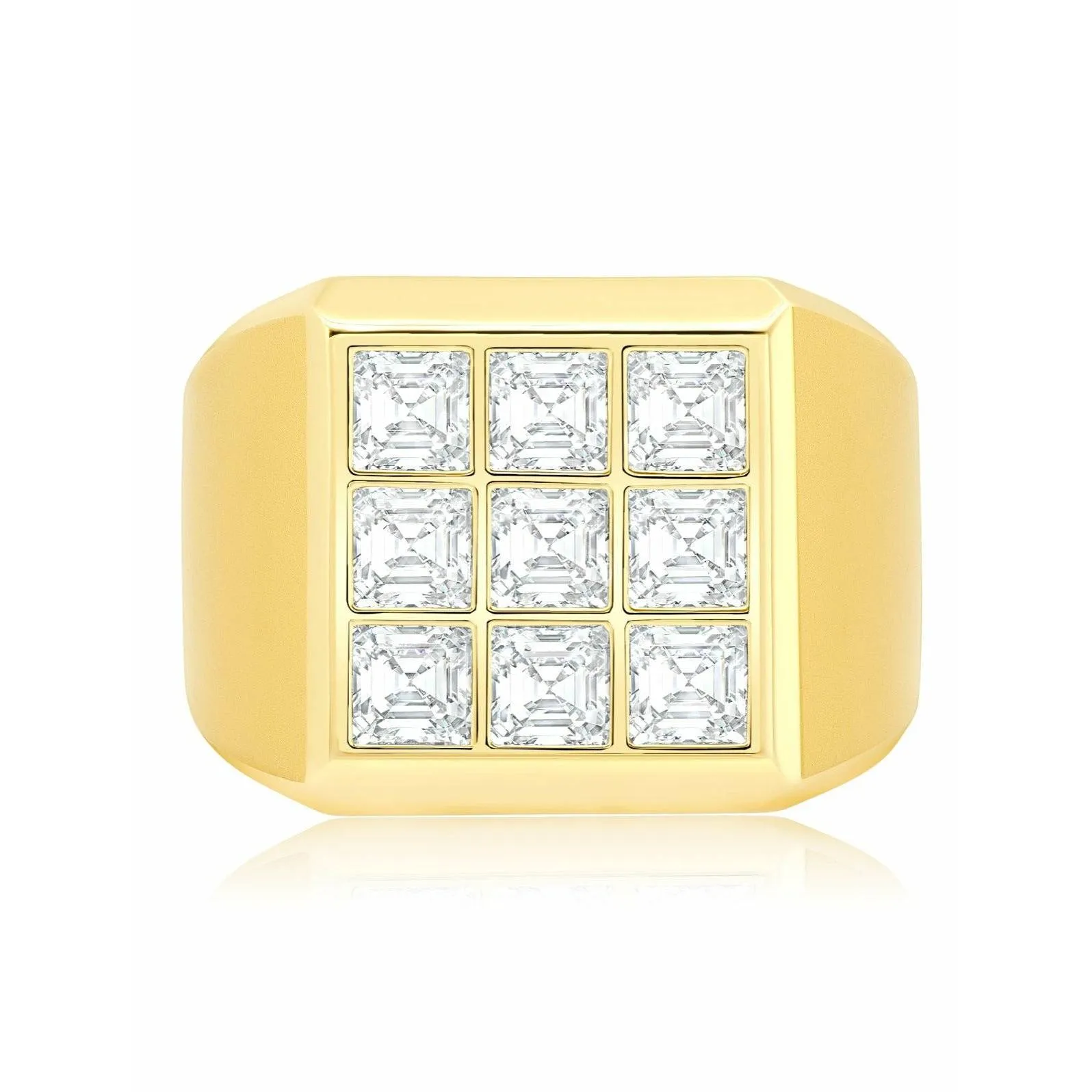 CRISLU Mens 9 Stone Princess Cut Signet CZ Ring Finished in 18kt Yellow Gold