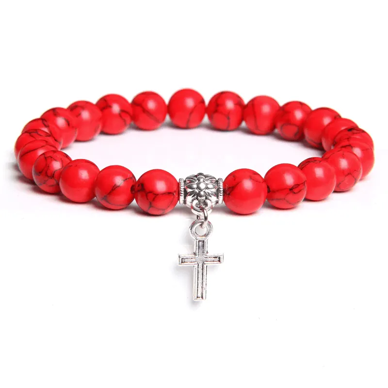 Cross Bead Bracelet <br> Charm Red Stone