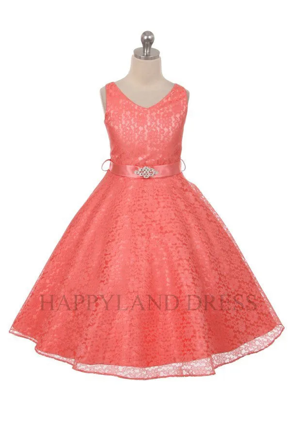 D742 Coral V Neck Lace Dress