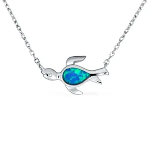 Delicate Nautical Blue Opal Sea Turtle Pendant Necklace in Sterling Silver