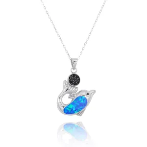 Dolphin Pendant Necklace with Blue Opal and Black Spinel