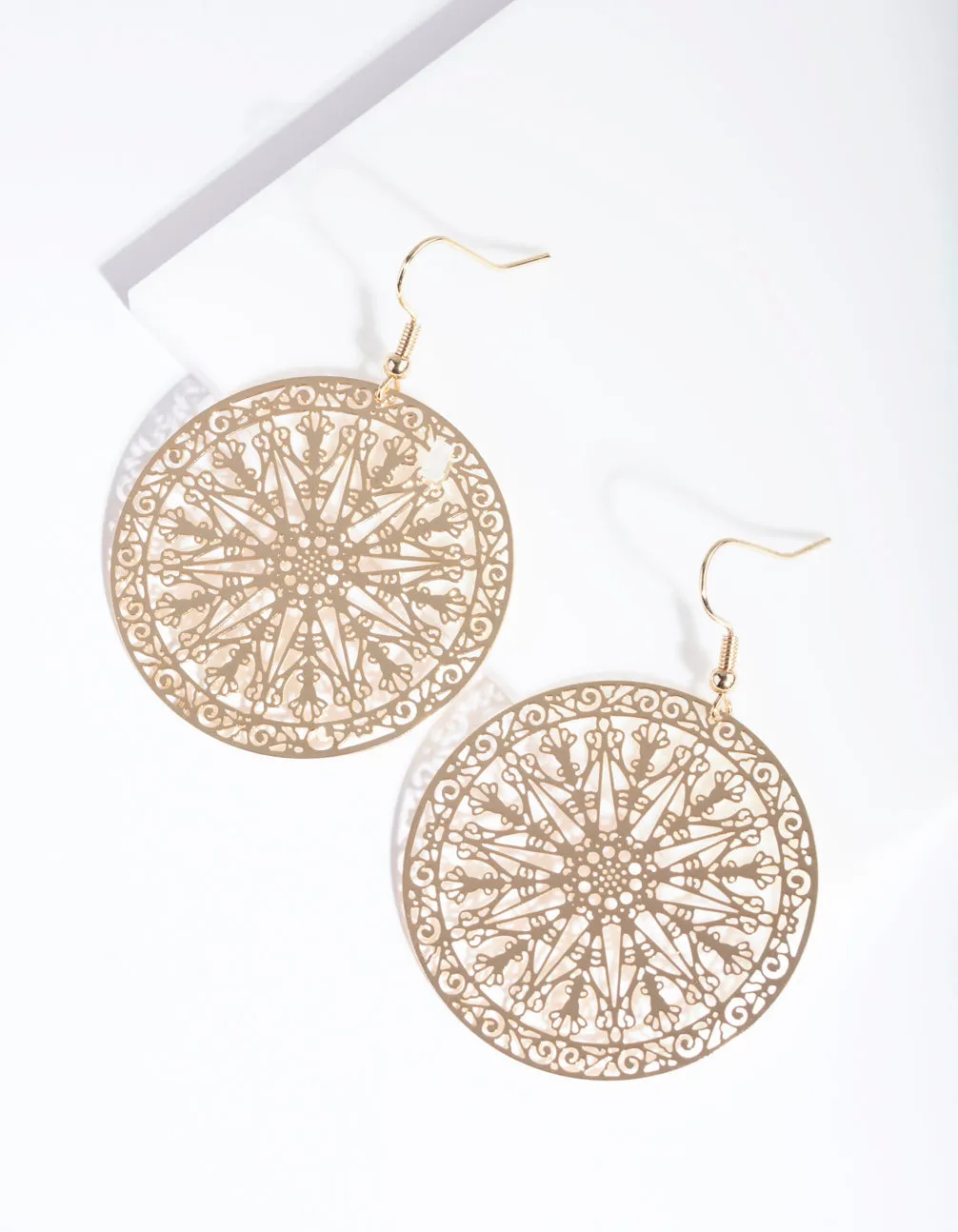 Gold Large Filigree Disc Drop Earrings