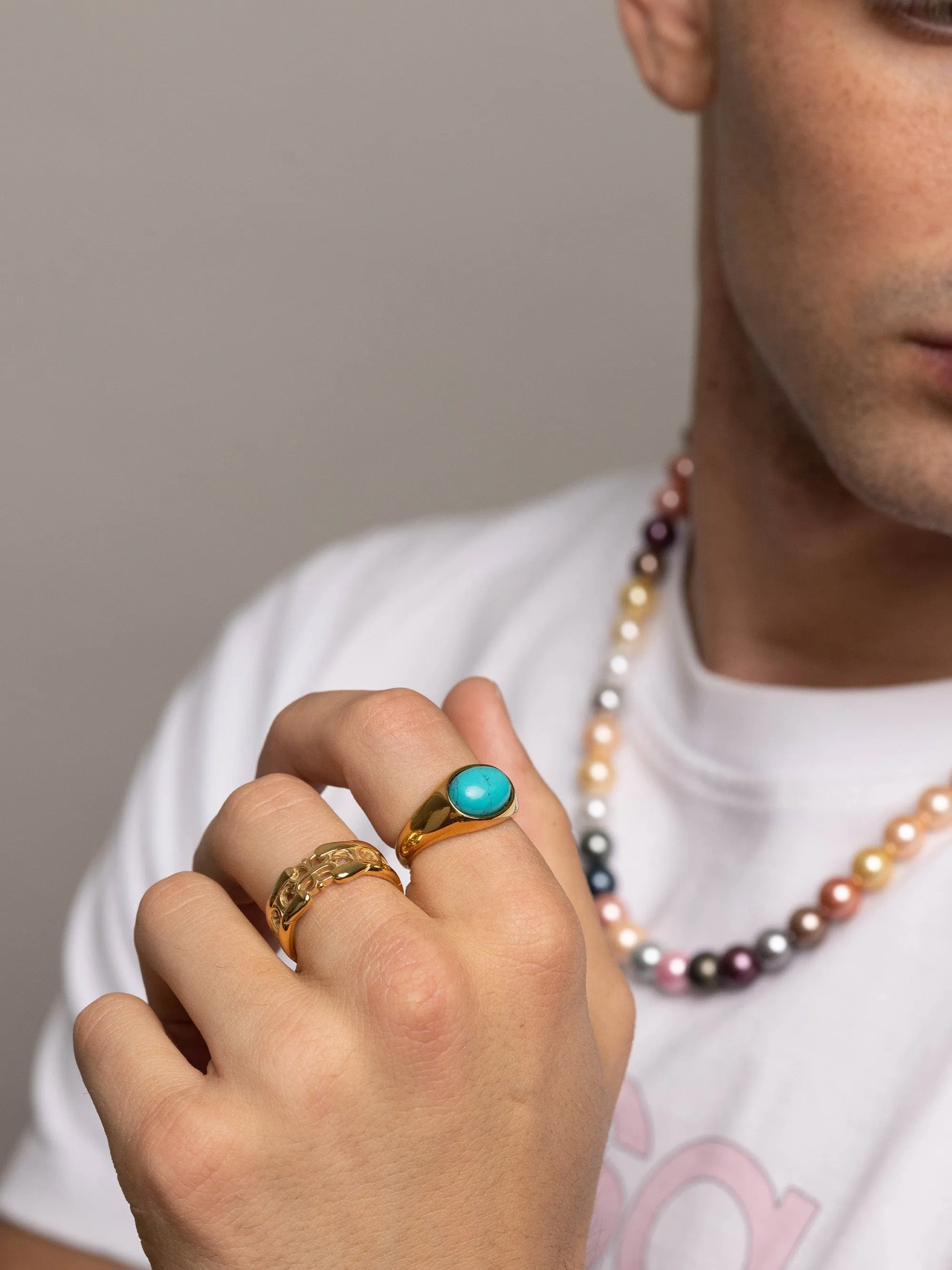 Gold Oval Signet Ring with Turquoise