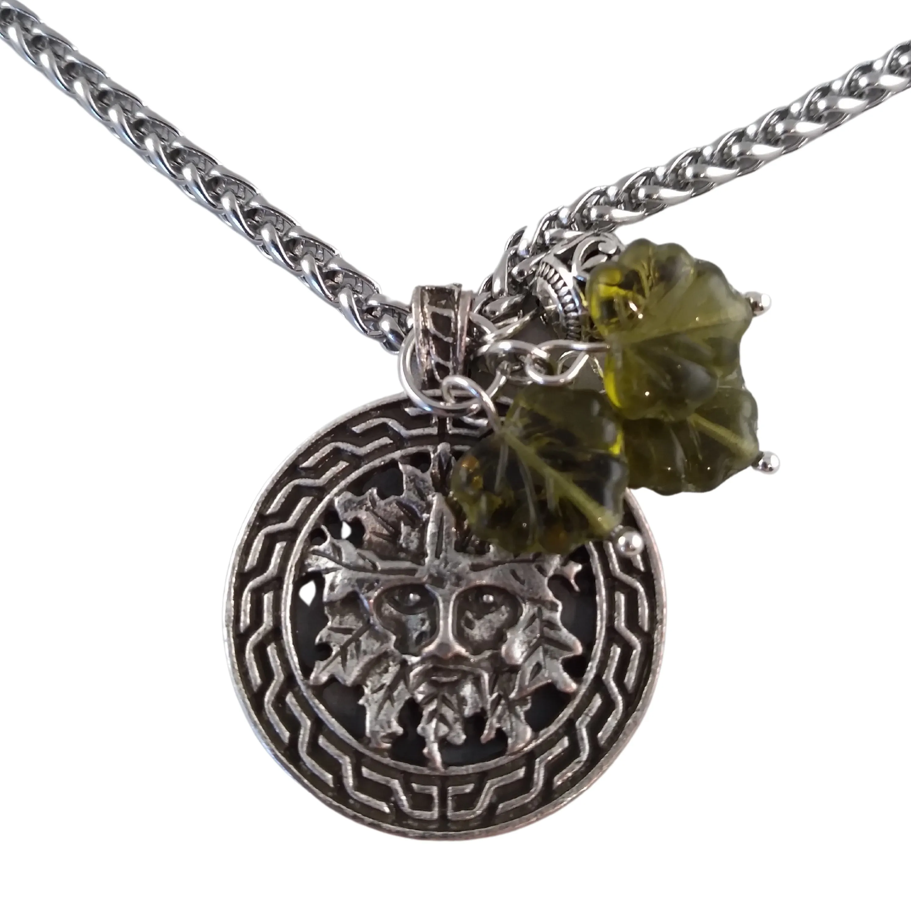 Green Man Necklace Silver Celtic Leaf