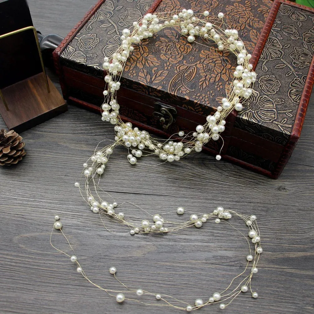 Handmade Crystal Pearl Long Tiara Bridal Wedding Headband Hair Vine