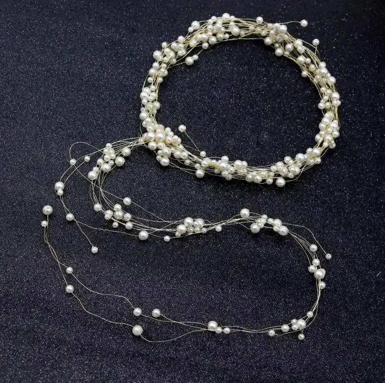 Handmade Crystal Pearl Long Tiara Bridal Wedding Headband Hair Vine