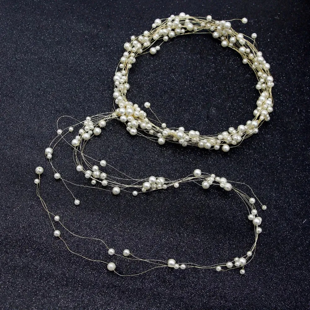 Handmade Crystal Pearl Long Tiara Bridal Wedding Headband Hair Vine